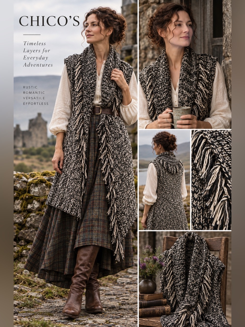 Chico’s Size 2 Chunky Knit Fringe Vest Outlander Highland Boho Long Cardigan